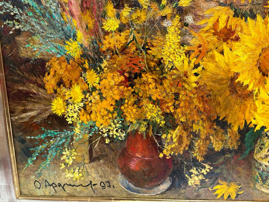 Oleg Ardimasov (B. 1936, Russian) Stunning Original Still Life Painting With Sunflowers And Other Blooms On Canvas Titled, Signed And Dated 1997 On Verso Provenance From Paul Hawkins Gallery In London, England 37W X 41H Framed 42.5W X 46H [Photo 15]