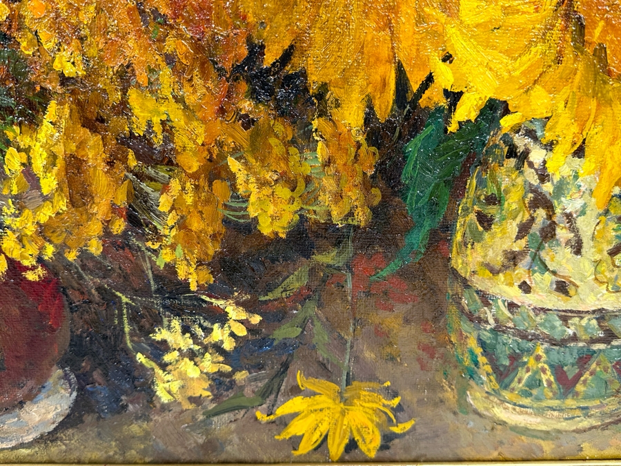 Oleg Ardimasov (B. 1936, Russian) Stunning Original Still Life Painting With Sunflowers And Other Blooms On Canvas Titled, Signed And Dated 1997 On Verso Provenance From Paul Hawkins Gallery In London, England 37W X 41H Framed 42.5W X 46H [Photo 12]