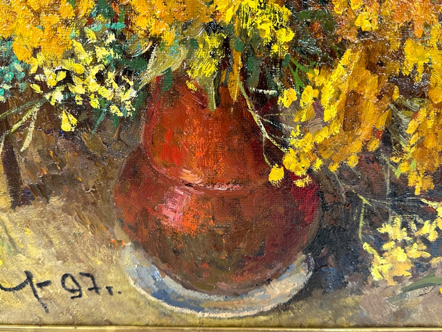 Oleg Ardimasov (B. 1936, Russian) Stunning Original Still Life Painting With Sunflowers And Other Blooms On Canvas Titled, Signed And Dated 1997 On Verso Provenance From Paul Hawkins Gallery In London, England 37W X 41H Framed 42.5W X 46H [Photo 11]