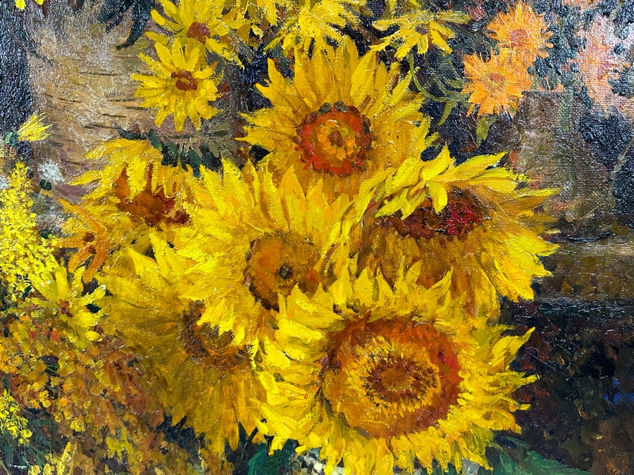 Oleg Ardimasov (B. 1936, Russian) Stunning Original Still Life Painting With Sunflowers And Other Blooms On Canvas Titled, Signed And Dated 1997 On Verso Provenance From Paul Hawkins Gallery In London, England 37W X 41H Framed 42.5W X 46H [Photo 5]