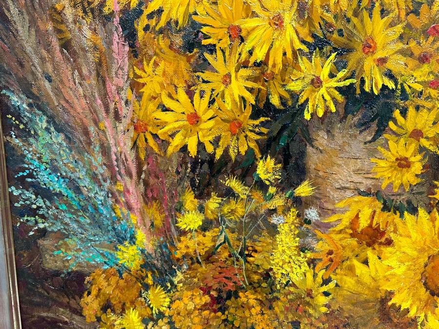 Oleg Ardimasov (B. 1936, Russian) Stunning Original Still Life Painting With Sunflowers And Other Blooms On Canvas Titled, Signed And Dated 1997 On Verso Provenance From Paul Hawkins Gallery In London, England 37W X 41H Framed 42.5W X 46H [Photo 16]