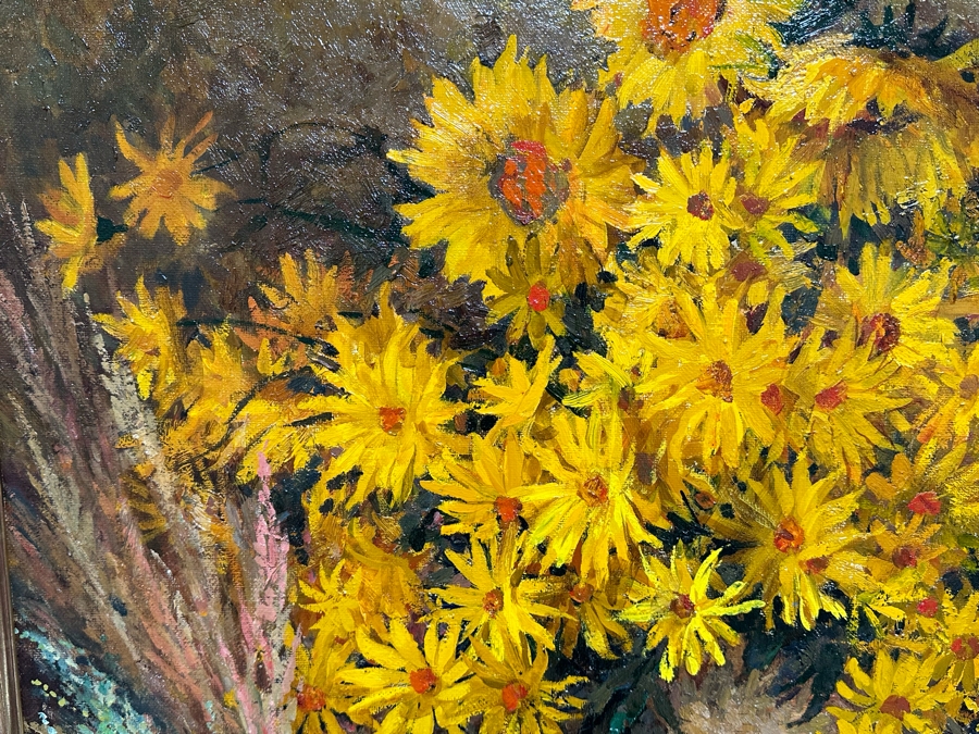 Oleg Ardimasov (B. 1936, Russian) Stunning Original Still Life Painting With Sunflowers And Other Blooms On Canvas Titled, Signed And Dated 1997 On Verso Provenance From Paul Hawkins Gallery In London, England 37W X 41H Framed 42.5W X 46H [Photo 17]