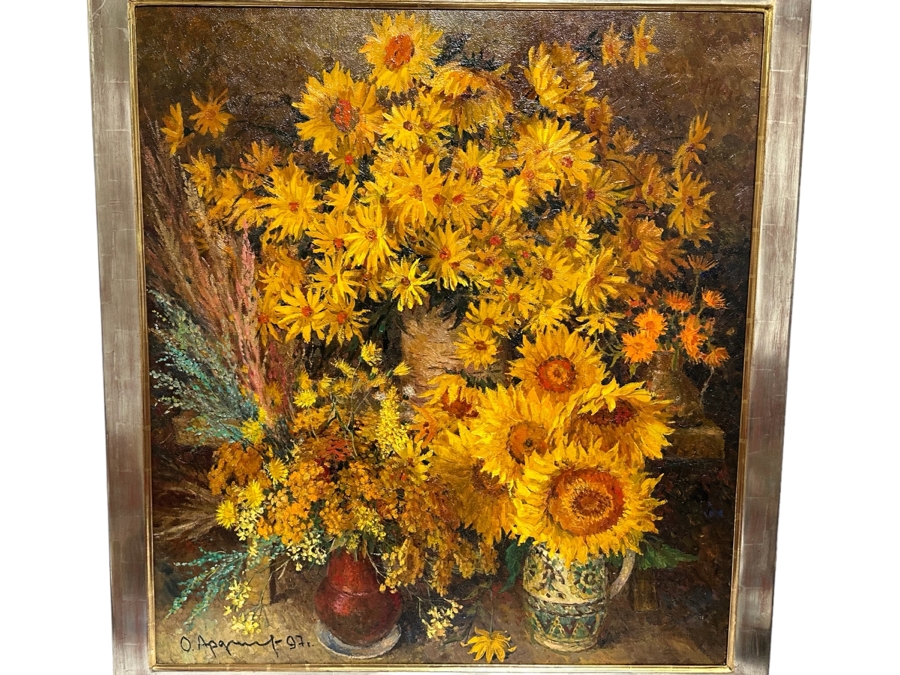 Oleg Ardimasov (B. 1936, Russian) Stunning Original Still Life Painting With Sunflowers And Other Blooms On Canvas Titled, Signed And Dated 1997 On Verso Provenance From Paul Hawkins Gallery In London, England 37W X 41H Framed 42.5W X 46H