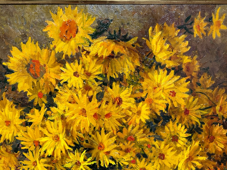 Oleg Ardimasov (B. 1936, Russian) Stunning Original Still Life Painting With Sunflowers And Other Blooms On Canvas Titled, Signed And Dated 1997 On Verso Provenance From Paul Hawkins Gallery In London, England 37W X 41H Framed 42.5W X 46H [Photo 18]