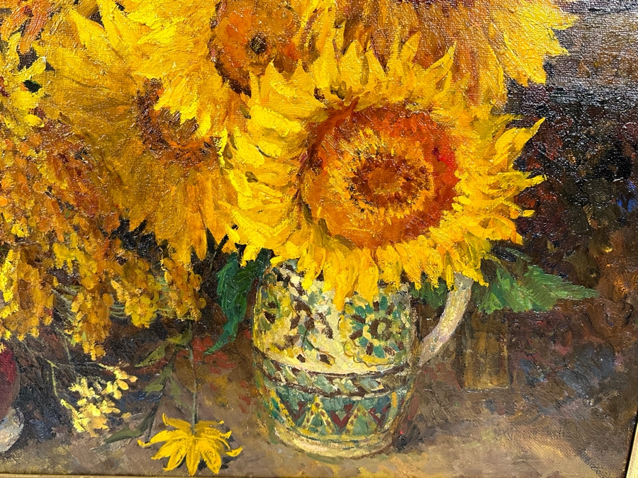 Oleg Ardimasov (B. 1936, Russian) Stunning Original Still Life Painting With Sunflowers And Other Blooms On Canvas Titled, Signed And Dated 1997 On Verso Provenance From Paul Hawkins Gallery In London, England 37W X 41H Framed 42.5W X 46H [Photo 4]