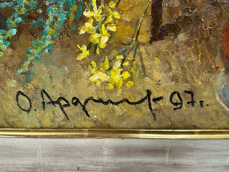 Oleg Ardimasov (B. 1936, Russian) Stunning Original Still Life Painting With Sunflowers And Other Blooms On Canvas Titled, Signed And Dated 1997 On Verso Provenance From Paul Hawkins Gallery In London, England 37W X 41H Framed 42.5W X 46H [Photo 10]