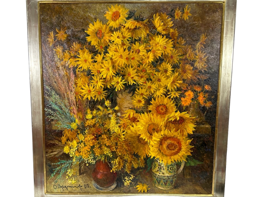 Oleg Ardimasov (B. 1936, Russian) Stunning Original Still Life Painting With Sunflowers And Other Blooms On Canvas Titled, Signed And Dated 1997 On Verso Provenance From Paul Hawkins Gallery In London, England 37W X 41H Framed 42.5W X 46H [Photo 3]