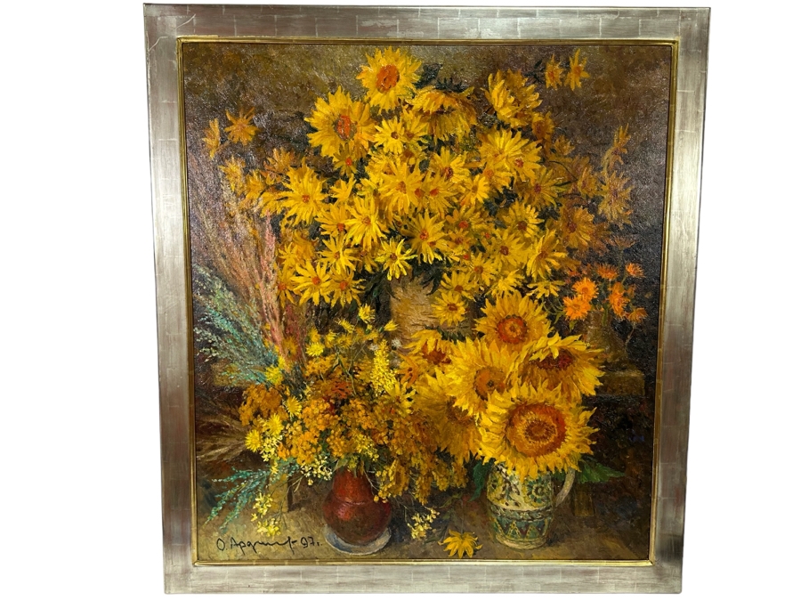 Oleg Ardimasov (B. 1936, Russian) Stunning Original Still Life Painting With Sunflowers And Other Blooms On Canvas Titled, Signed And Dated 1997 On Verso Provenance From Paul Hawkins Gallery In London, England 37W X 41H Framed 42.5W X 46H [Photo 2]