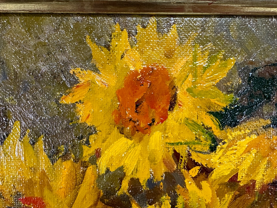 Oleg Ardimasov (B. 1936, Russian) Stunning Original Still Life Painting With Sunflowers And Other Blooms On Canvas Titled, Signed And Dated 1997 On Verso Provenance From Paul Hawkins Gallery In London, England 37W X 41H Framed 42.5W X 46H [Photo 7]