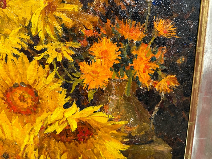 Oleg Ardimasov (B. 1936, Russian) Stunning Original Still Life Painting With Sunflowers And Other Blooms On Canvas Titled, Signed And Dated 1997 On Verso Provenance From Paul Hawkins Gallery In London, England 37W X 41H Framed 42.5W X 46H [Photo 19]