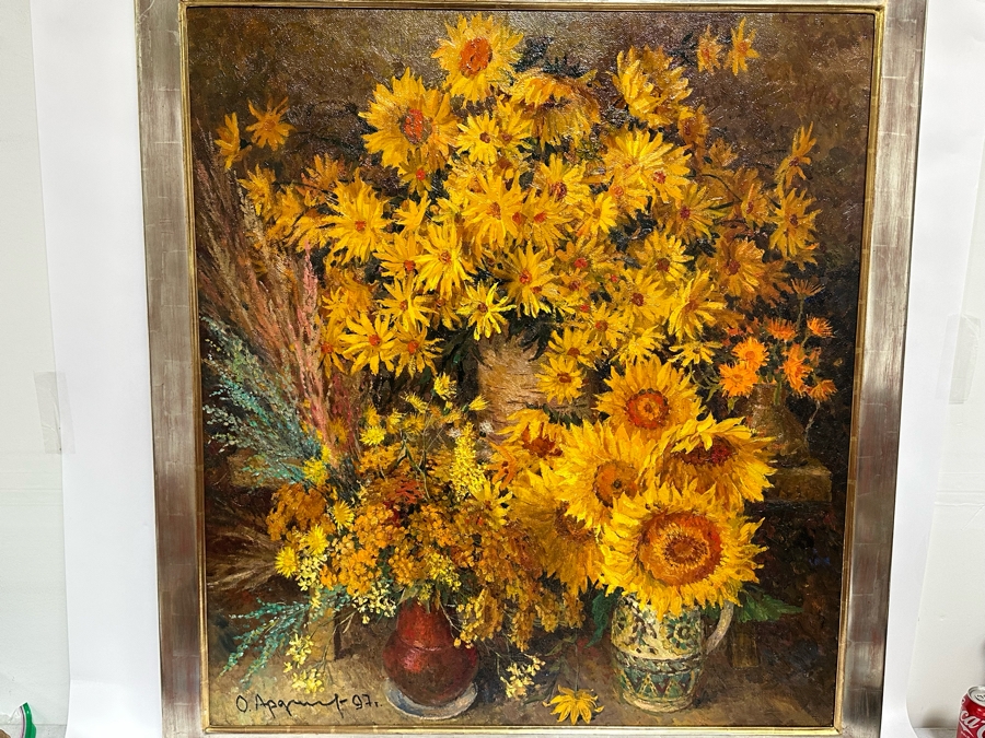 Oleg Ardimasov (B. 1936, Russian) Stunning Original Still Life Painting With Sunflowers And Other Blooms On Canvas Titled, Signed And Dated 1997 On Verso Provenance From Paul Hawkins Gallery In London, England 37W X 41H Framed 42.5W X 46H [Photo 13]