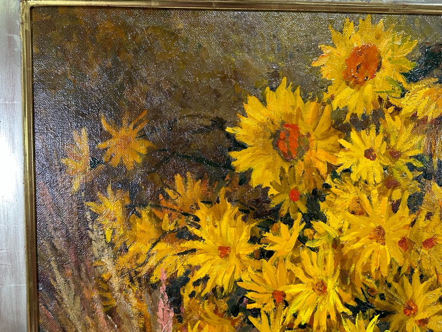Oleg Ardimasov (B. 1936, Russian) Stunning Original Still Life Painting With Sunflowers And Other Blooms On Canvas Titled, Signed And Dated 1997 On Verso Provenance From Paul Hawkins Gallery In London, England 37W X 41H Framed 42.5W X 46H [Photo 6]