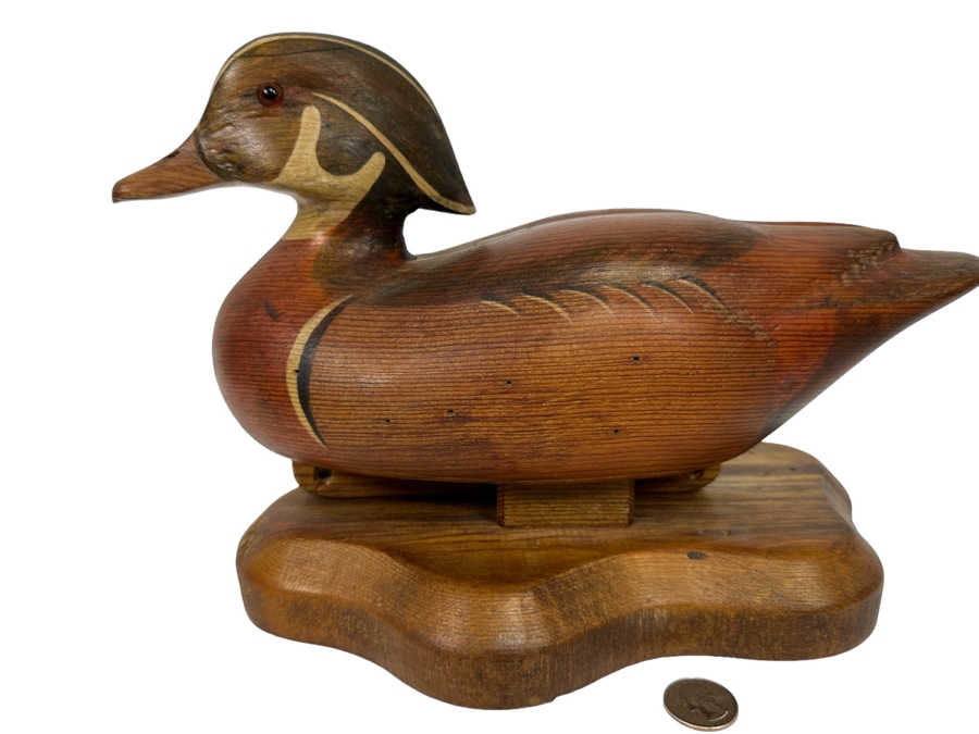 R D Lewis Signed Carved Wooden Duck Decoy On Stand Dated 1980 13W X 7D X 9H
