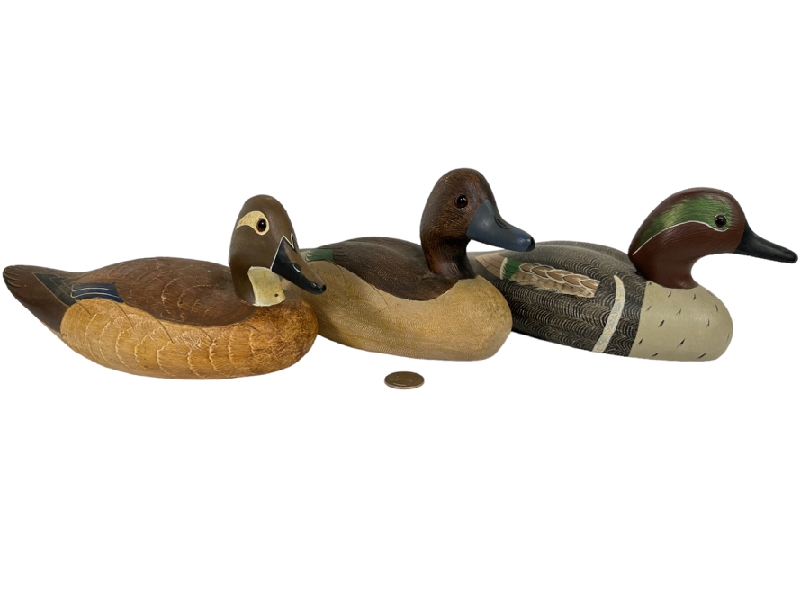 Set Of Three Wooden Duck Decoys By Wildfowler Decoys In Babylon, NY: Green Wing Teal Drake, Green Wing Teal Hen And Wood Duck Hen 11W X 4D X 5H [Photo 1]
