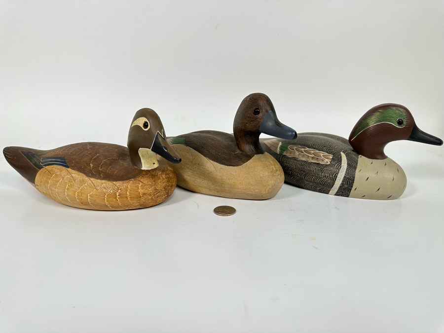 Set Of Three Wooden Duck Decoys By Wildfowler Decoys In Babylon, NY: Green Wing Teal Drake, Green Wing Teal Hen And Wood Duck Hen 11W X 4D X 5H [Photo 3]