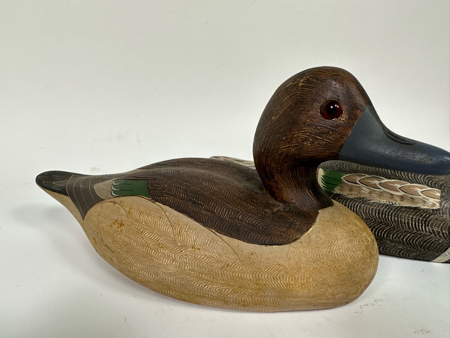 Set Of Three Wooden Duck Decoys By Wildfowler Decoys In Babylon, NY: Green Wing Teal Drake, Green Wing Teal Hen And Wood Duck Hen 11W X 4D X 5H [Photo 5]