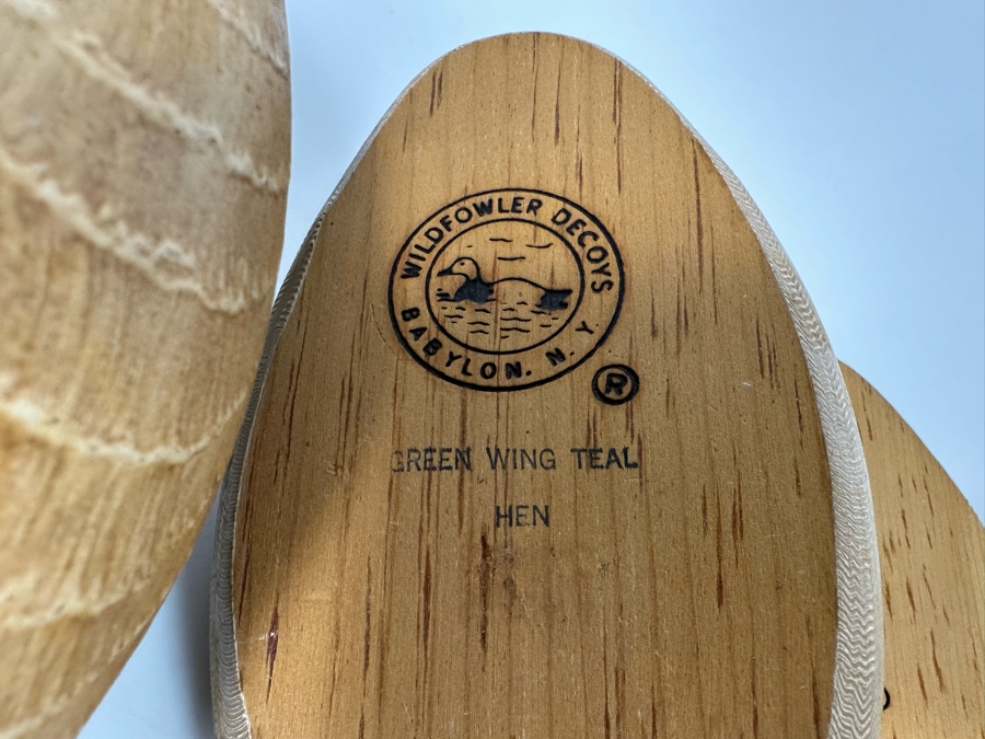 Set Of Three Wooden Duck Decoys By Wildfowler Decoys In Babylon, NY: Green Wing Teal Drake, Green Wing Teal Hen And Wood Duck Hen 11W X 4D X 5H [Photo 9]