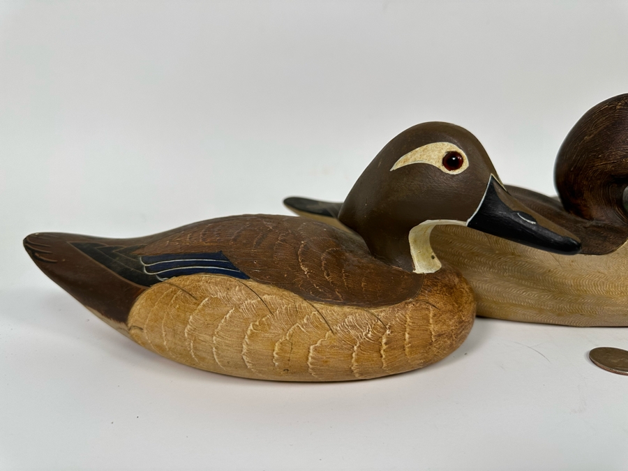 Set Of Three Wooden Duck Decoys By Wildfowler Decoys In Babylon, NY: Green Wing Teal Drake, Green Wing Teal Hen And Wood Duck Hen 11W X 4D X 5H [Photo 4]
