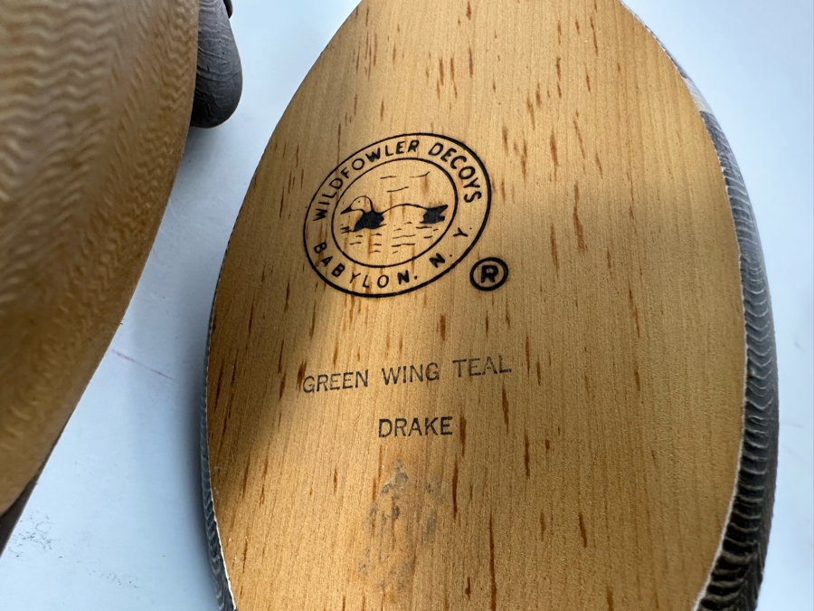 Set Of Three Wooden Duck Decoys By Wildfowler Decoys In Babylon, NY: Green Wing Teal Drake, Green Wing Teal Hen And Wood Duck Hen 11W X 4D X 5H [Photo 10]