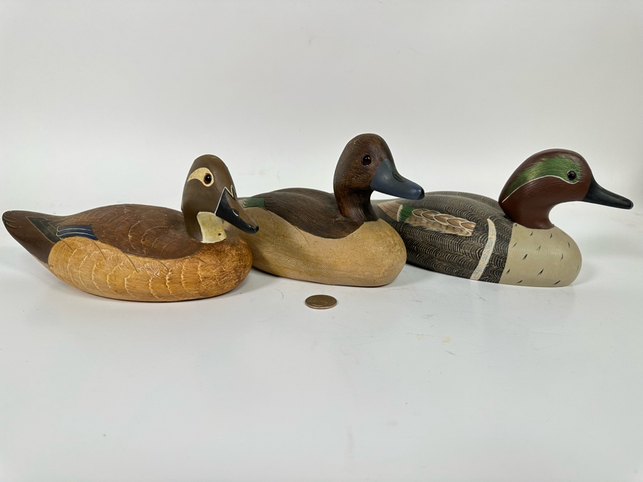 Set Of Three Wooden Duck Decoys By Wildfowler Decoys In Babylon, NY: Green Wing Teal Drake, Green Wing Teal Hen And Wood Duck Hen 11W X 4D X 5H [Photo 2]