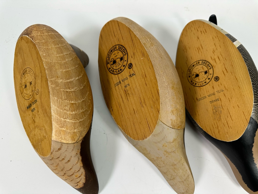 Set Of Three Wooden Duck Decoys By Wildfowler Decoys In Babylon, NY: Green Wing Teal Drake, Green Wing Teal Hen And Wood Duck Hen 11W X 4D X 5H [Photo 7]