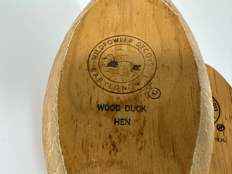 Set Of Three Wooden Duck Decoys By Wildfowler Decoys In Babylon, NY: Green Wing Teal Drake, Green Wing Teal Hen And Wood Duck Hen 11W X 4D X 5H [Photo 8]