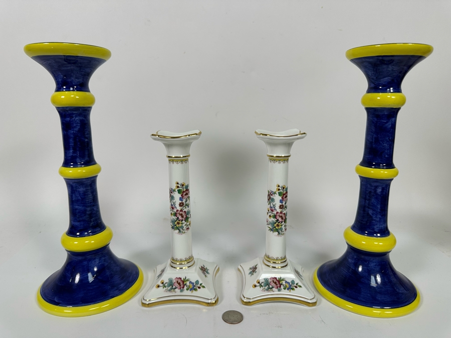 Pair Of Intrada Italian Candle Holders 12H And Pair Of English Coalport Ming Rose Candle Holders 8H [Photo 3]