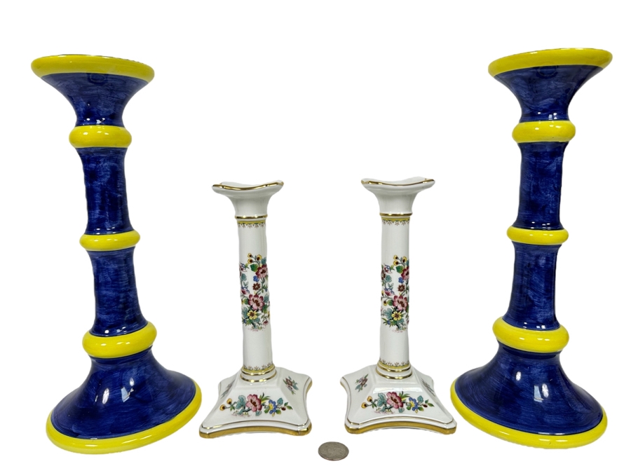 Pair Of Intrada Italian Candle Holders 12H And Pair Of English Coalport Ming Rose Candle Holders 8H [Photo 1]
