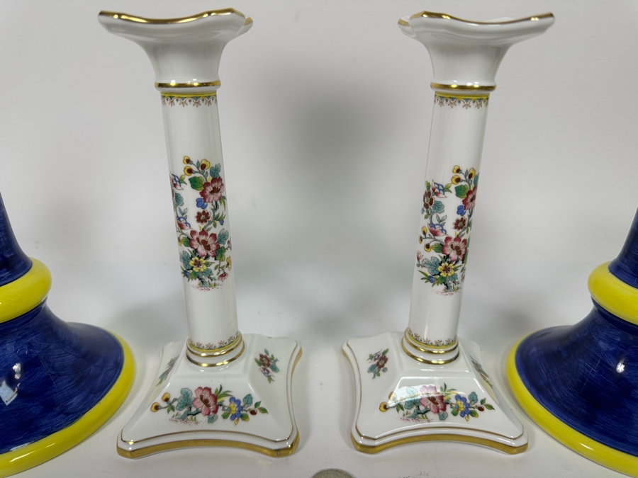 Pair Of Intrada Italian Candle Holders 12H And Pair Of English Coalport Ming Rose Candle Holders 8H [Photo 4]