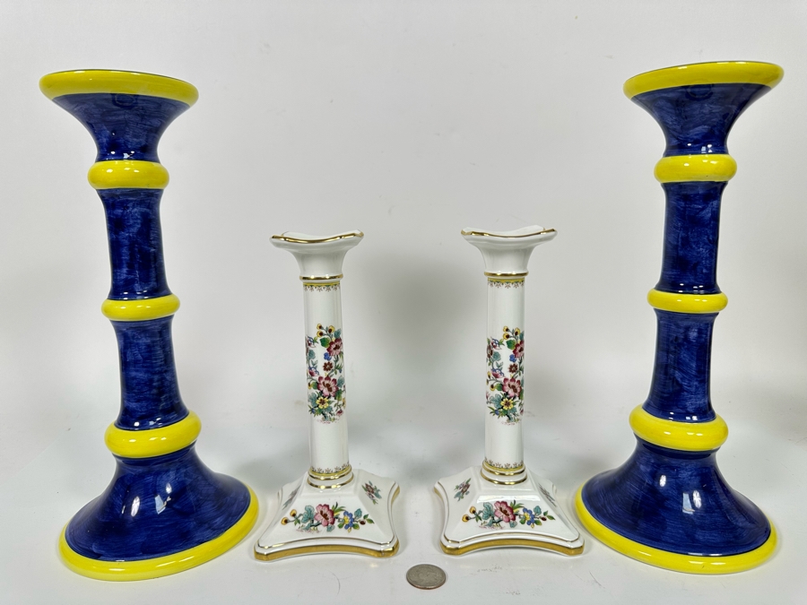 Pair Of Intrada Italian Candle Holders 12H And Pair Of English Coalport Ming Rose Candle Holders 8H [Photo 2]