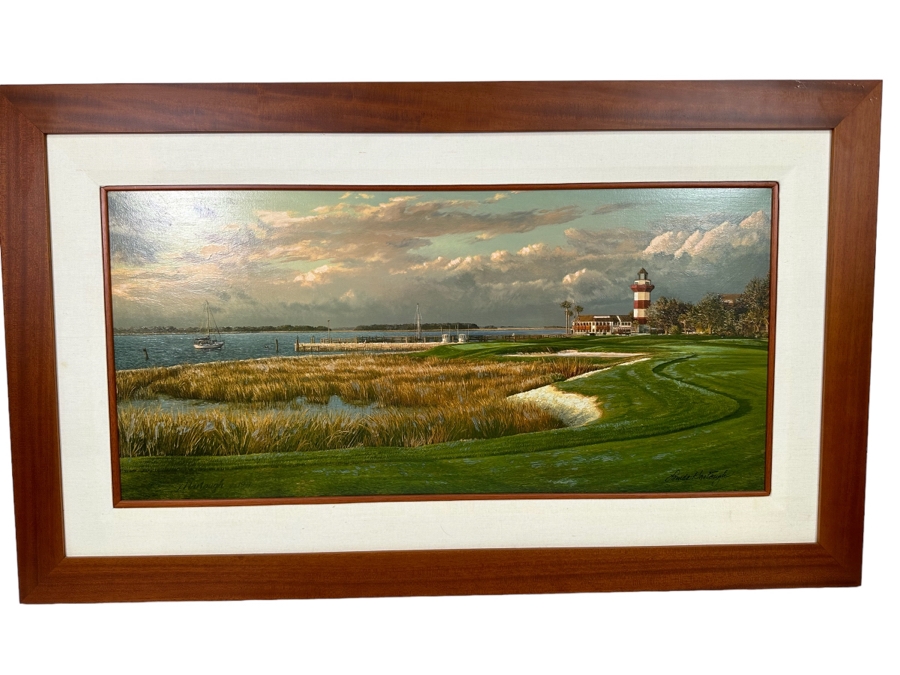 Linda Hartough Hand Signed Atelier Brushstrokes Hand Enhanced Limited Edition Print Titled 'The 18th Hole, Harbour Town Golf Links, Hilton Head' Numbered 182 Of 980 On Canvas 36 X 17 Framed 46.5 X 28 [Photo 3]