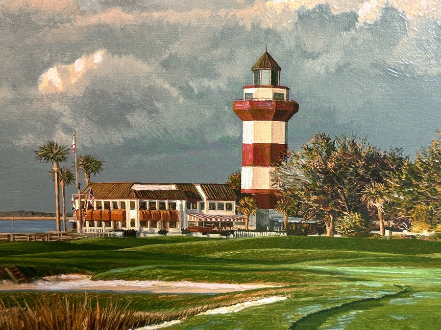 Linda Hartough Hand Signed Atelier Brushstrokes Hand Enhanced Limited Edition Print Titled 'The 18th Hole, Harbour Town Golf Links, Hilton Head' Numbered 182 Of 980 On Canvas 36 X 17 Framed 46.5 X 28 [Photo 6]