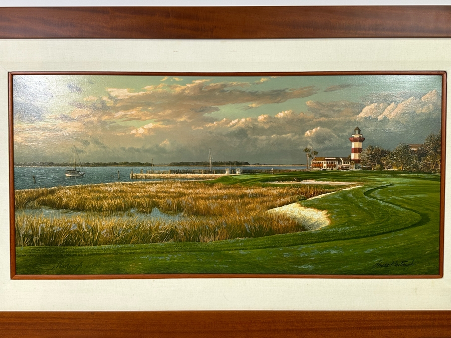 Linda Hartough Hand Signed Atelier Brushstrokes Hand Enhanced Limited Edition Print Titled 'The 18th Hole, Harbour Town Golf Links, Hilton Head' Numbered 182 Of 980 On Canvas 36 X 17 Framed 46.5 X 28 [Photo 4]