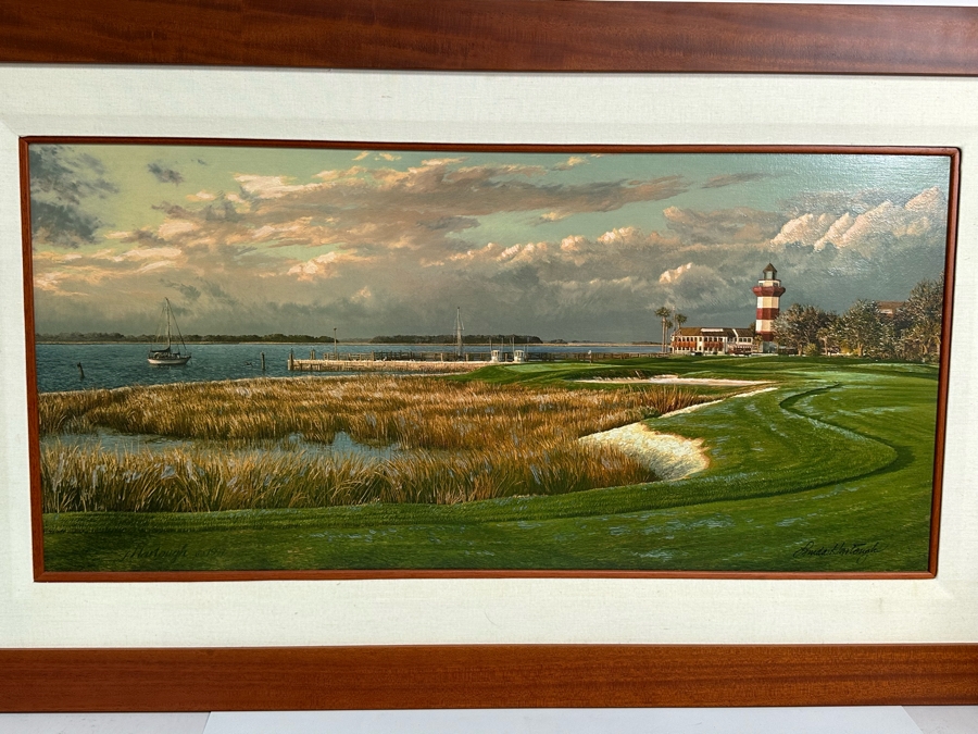 Linda Hartough Hand Signed Atelier Brushstrokes Hand Enhanced Limited Edition Print Titled 'The 18th Hole, Harbour Town Golf Links, Hilton Head' Numbered 182 Of 980 On Canvas 36 X 17 Framed 46.5 X 28 [Photo 1]