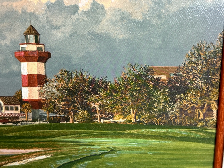 Linda Hartough Hand Signed Atelier Brushstrokes Hand Enhanced Limited Edition Print Titled 'The 18th Hole, Harbour Town Golf Links, Hilton Head' Numbered 182 Of 980 On Canvas 36 X 17 Framed 46.5 X 28 [Photo 7]