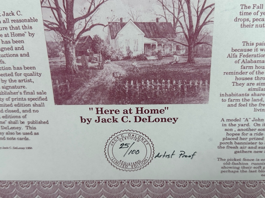 Jack Clouse DeLoney (B. 1940, Alabama) Signed Limited Edition Artists Proof Print Titled 'Here At Home' Numbered 25 Of 100 Dated 1993 29 X 22 Framed 39 X 31.5 [Photo 16]