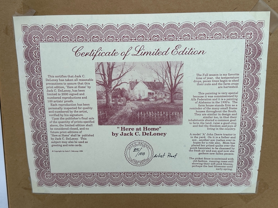 Jack Clouse DeLoney (B. 1940, Alabama) Signed Limited Edition Artists Proof Print Titled 'Here At Home' Numbered 25 Of 100 Dated 1993 29 X 22 Framed 39 X 31.5 [Photo 14]
