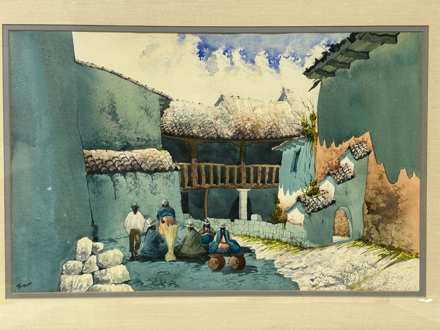 Original Peruvian Watercolor Painting Signed ORE 1983 19W X 12.5H Framed 25 X 18
