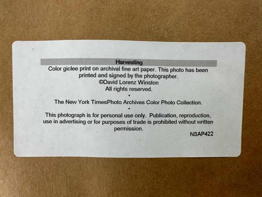 David Lorenz Winston Signed Color Giclee Print On Archival Fine Art Paper From The New York Times Photo Archives Titled 'Harvesting' 18 X 13 Framed 25 X 21.5 [Photo 9]