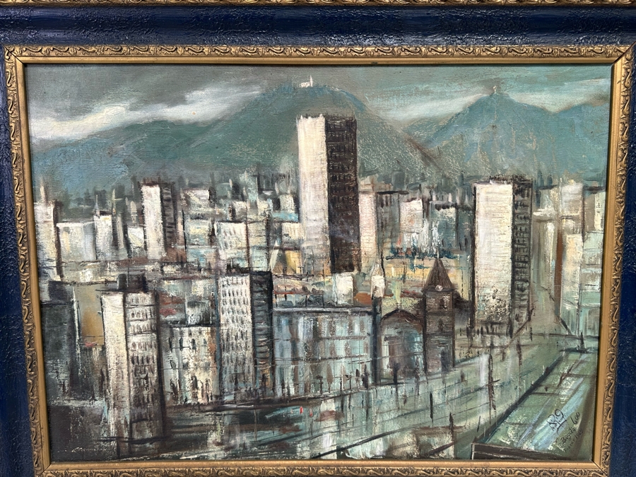 Original Signed Mid-Century City Skyline Painting Signature Illegible 27.5 X 20 Framed 34 X 26.5 [Photo 2]