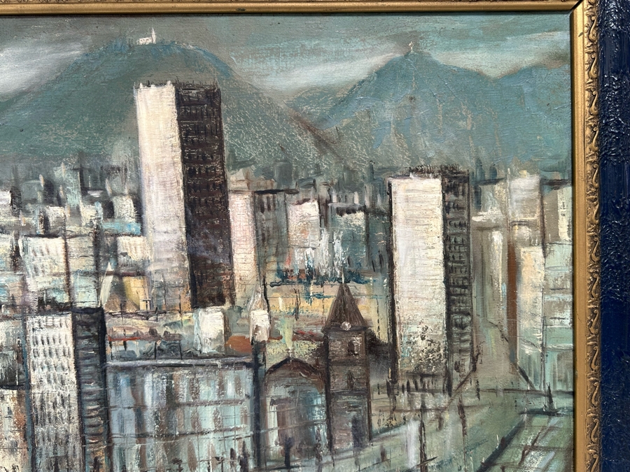 Original Signed Mid-Century City Skyline Painting Signature Illegible 27.5 X 20 Framed 34 X 26.5 [Photo 7]