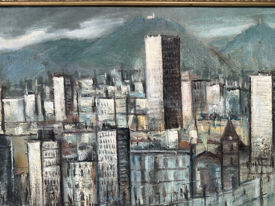 Original Signed Mid-Century City Skyline Painting Signature Illegible 27.5 X 20 Framed 34 X 26.5 [Photo 5]