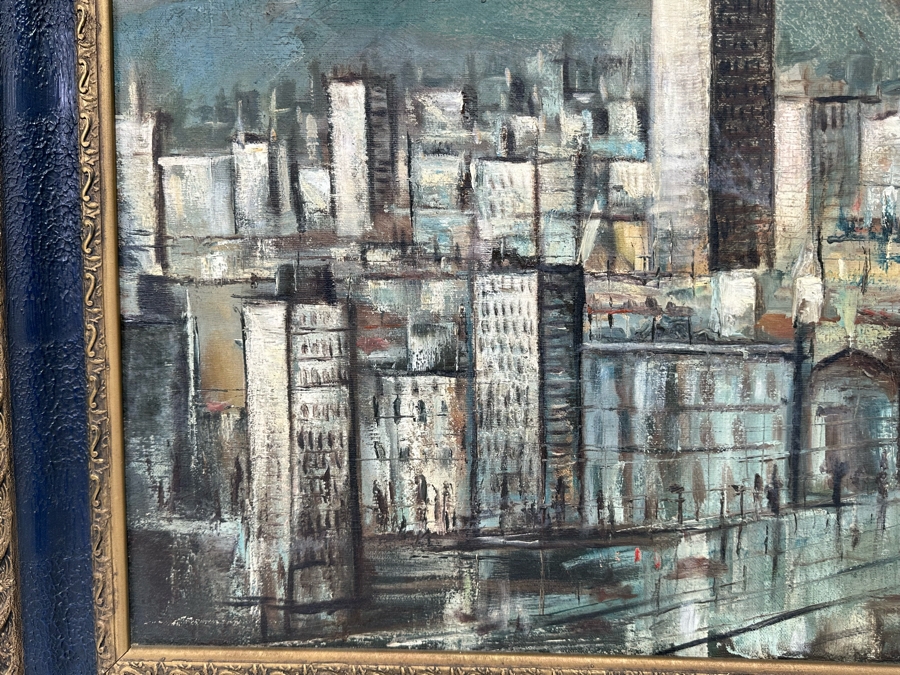 Original Signed Mid-Century City Skyline Painting Signature Illegible 27.5 X 20 Framed 34 X 26.5 [Photo 4]