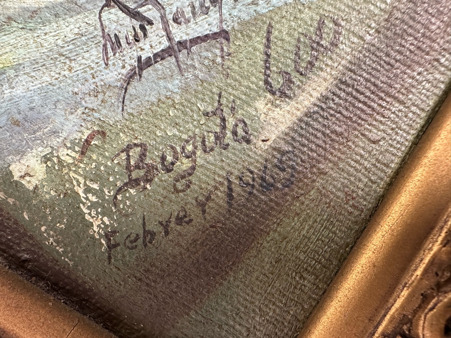 Original Signed Mid-Century City Skyline Painting Signature Illegible 27.5 X 20 Framed 34 X 26.5 [Photo 10]