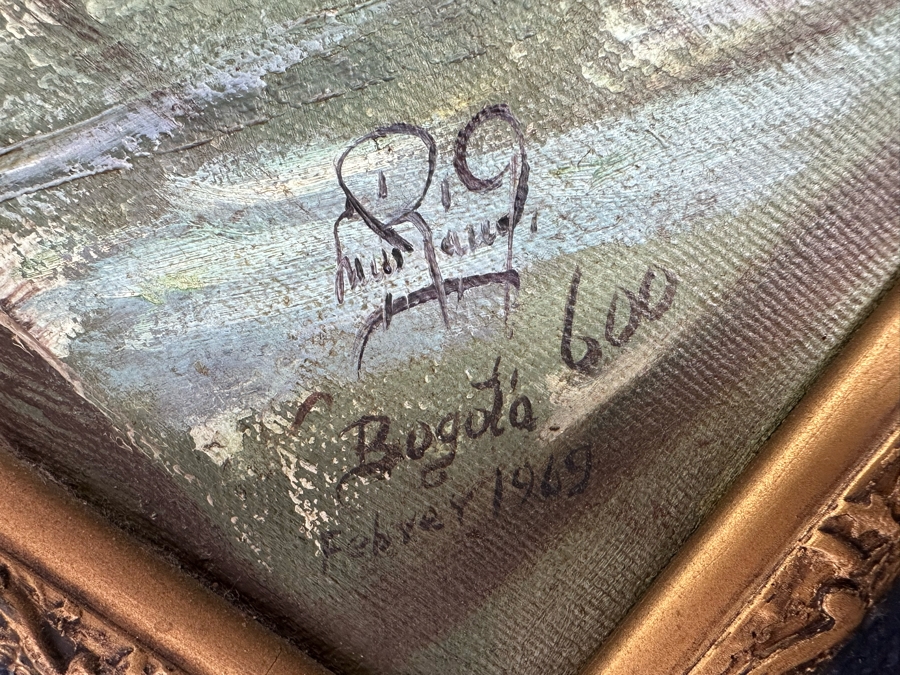 Original Signed Mid-Century City Skyline Painting Signature Illegible 27.5 X 20 Framed 34 X 26.5 [Photo 8]