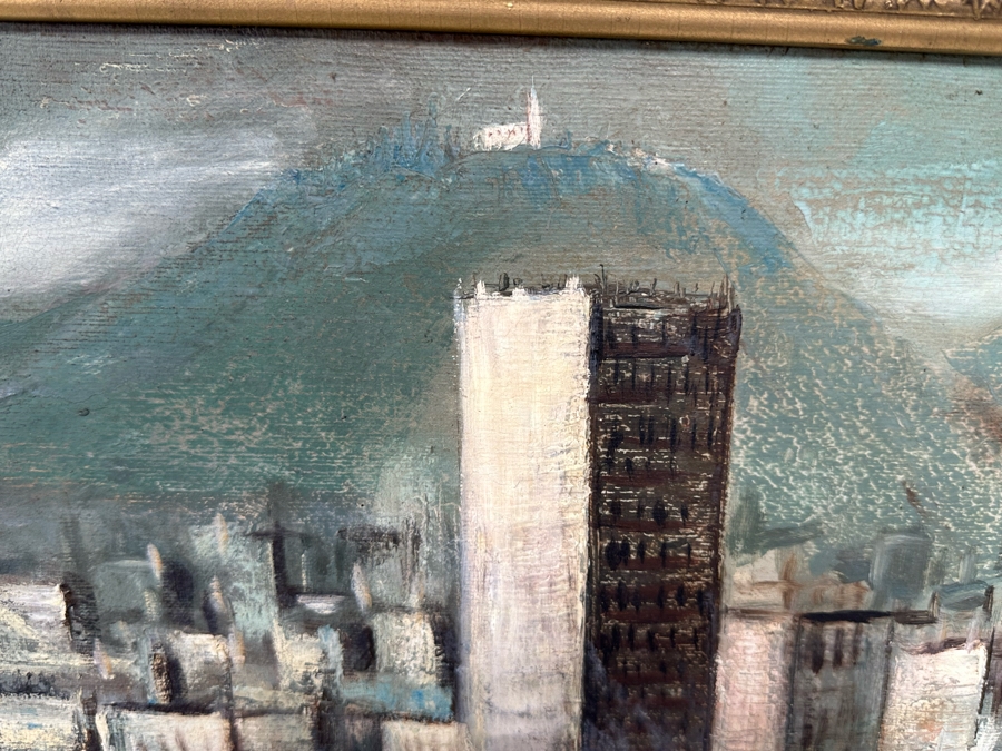 Original Signed Mid-Century City Skyline Painting Signature Illegible 27.5 X 20 Framed 34 X 26.5 [Photo 3]