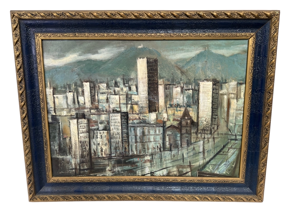 Original Signed Mid-Century City Skyline Painting Signature Illegible 27.5 X 20 Framed 34 X 26.5