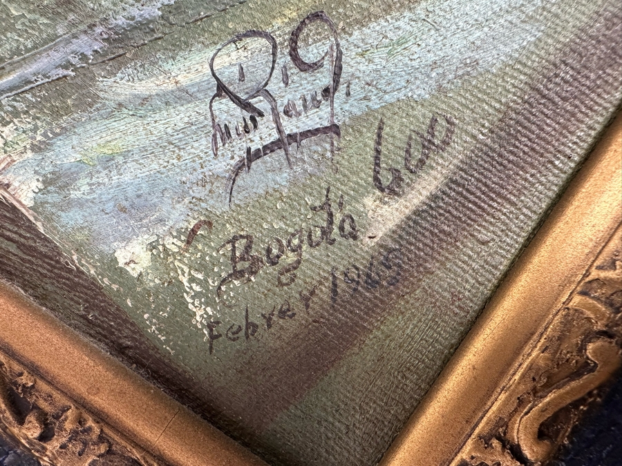 Original Signed Mid-Century City Skyline Painting Signature Illegible 27.5 X 20 Framed 34 X 26.5 [Photo 9]