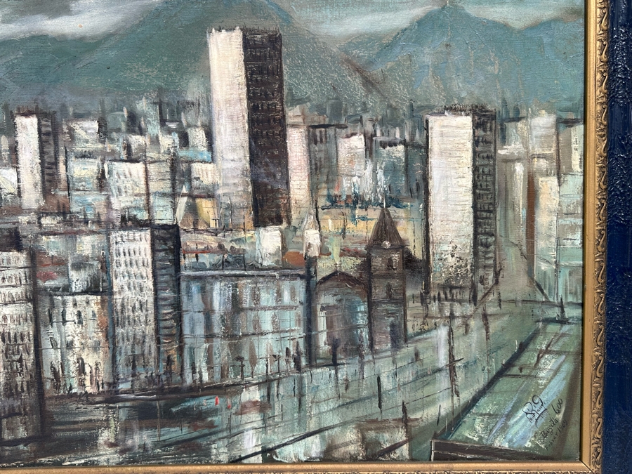 Original Signed Mid-Century City Skyline Painting Signature Illegible 27.5 X 20 Framed 34 X 26.5 [Photo 6]