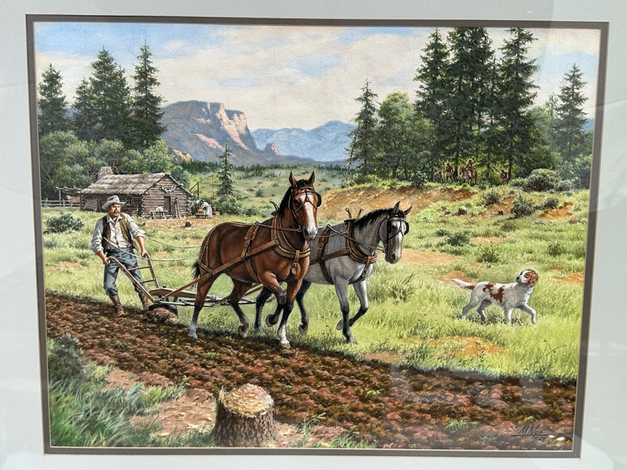 Marvin Nye (1910-2005, Kansas) Signed Original Watercolor And Gouache Drawing On Paper Titled 'Watching The Sodbuster' Dated 1989 21.5 X 18 Framed 36 X 30 [Photo 4]